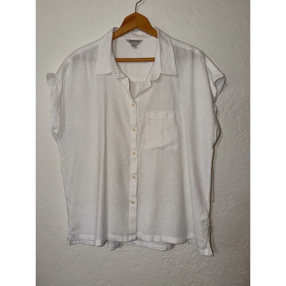 Orvis White Linen Blend Button Up Short Sleeve Shirt Collared Cuffed Size Large